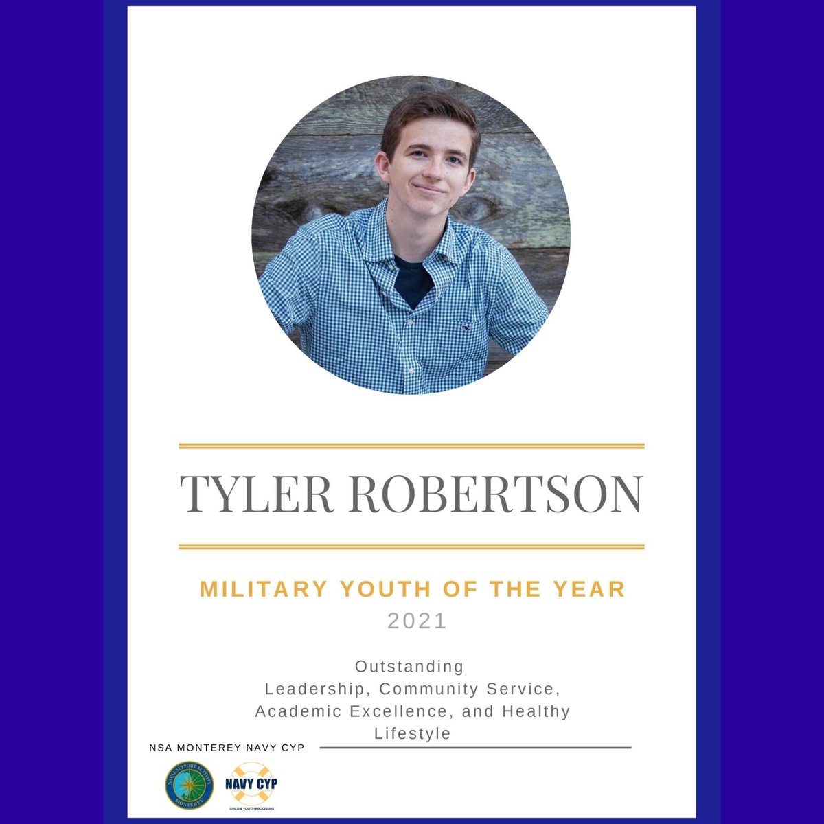 NavyCYP's tweet photo. CongratulationsΒ to Tyler R. of @NSAMonterey Child and Youth Programs for being named the NSA Monterey BGCA Military Youth of the Year! Good luck as you advance to the California State Military Youth of the Year! #MYOY #GoNavy @CNICHQ @NavyLifeSW @BGCA_Clubs https://t.co/XYvoCxBb33