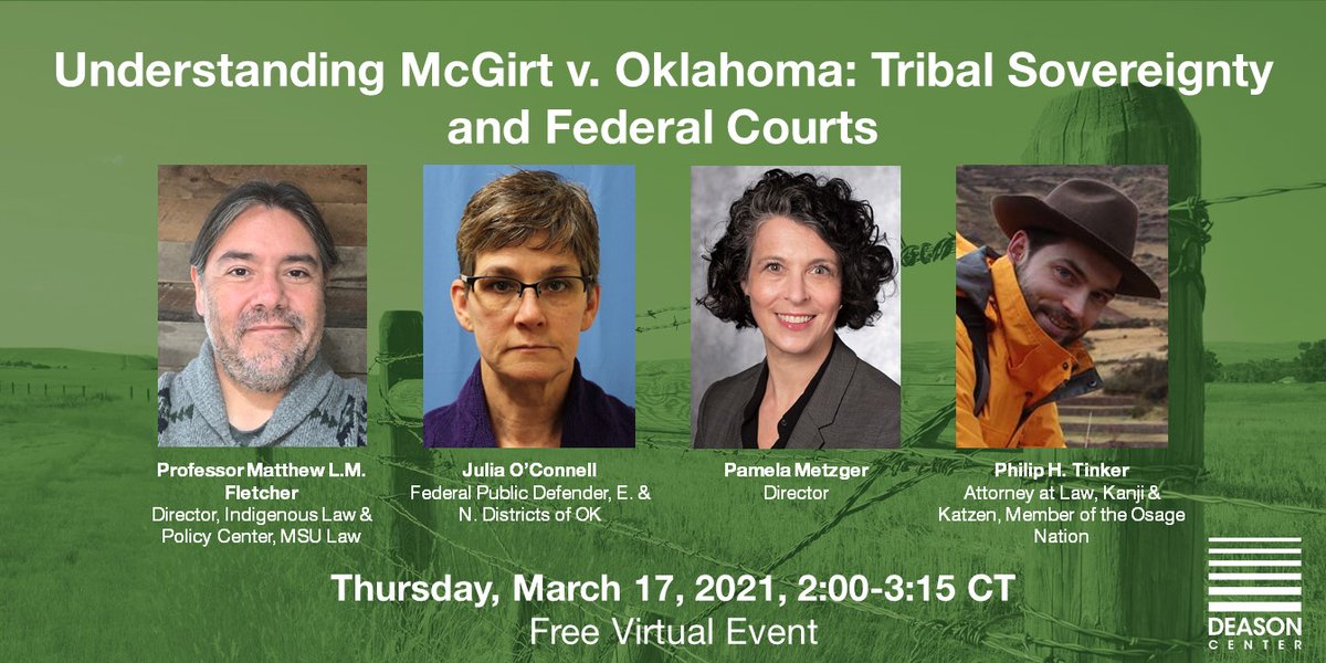 smulawdeason's tweet photo. What happens when prosecutorial authority shifts to tribal and federal governments for crimes committed by #tribal members on Muscogee Nation land?
Find out as Director @ProfPamMetzger talks with 3 #Indian Law experts at our #STARJustice event: https://t.co/cw7uVeZvfQ https://t.co/6c9XWPDWdG