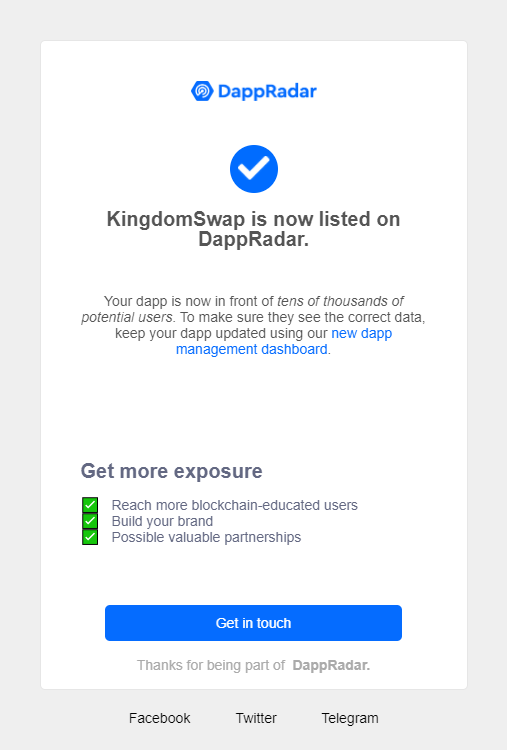 KingdomSwap's tweet photo. Great news ! We are on @DappRadar : https://t.co/kCJ9zbEdLS
Congratulation my Lords 👑 https://t.co/8K5zIroRdT
#bsc #binance https://t.co/L3HnIrMID7