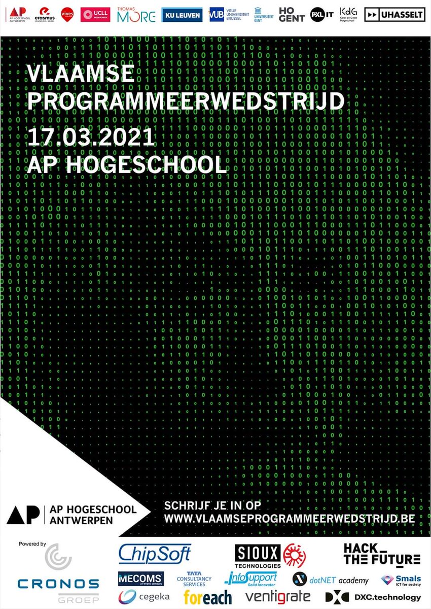 ONLINE PROGRAMMEERWEDSTRIJD
 
📣 Op woensdagnamiddag 17 maart 2021 organiseert 
<a href="/AP_Hogeschool/">AP Hogeschool Antwerpen</a> de dertiende editie van de Vlaamse Programmeerwedstrijd. 

Deze wedstrijd wordt jaarlijks georganiseerd door een hogeschool of universiteit in #Vlaanderen.  

vlaamseprogrammeerwedstrijd.be/current/#conce…