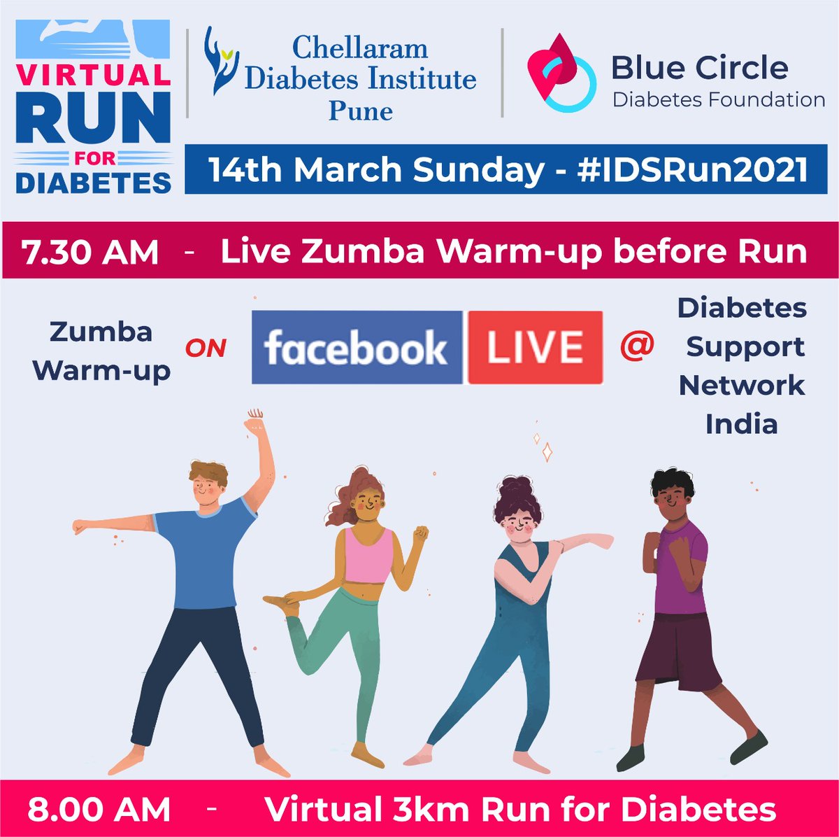 bluecirclediab's tweet photo. #IDSRun2021 TOMORROW
๐7:30AM IST - Facebook Live Zumba by @SnehalN29 & flag off by Dr Javherani (https://t.co/Zf1isQILrs)
๐8:00AM IST - Run
๐Share your photos/selfies on social media with the hashtag #IDSRun2021. You can also share here: https://t.co/fktPboXaQf https://t.co/RtkQEZiunh