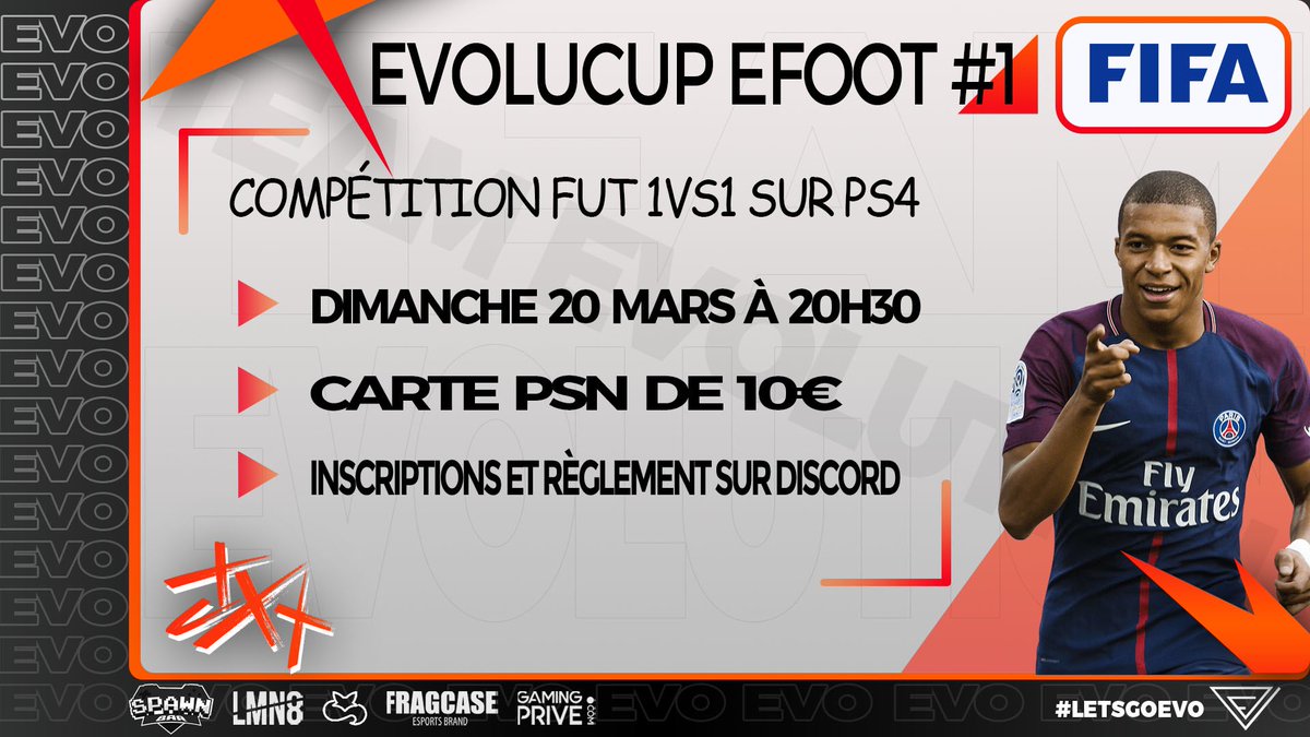 Pour ceux qui veulent,

#EvoluCup se lance dans les tournois FUT 1vs1 sur PS4 ! Première édition samedi prochain dès 20h30.

Une carte PSN de 10€ est à gagner, inscription gratuite.

discord.gg/TtxKhxu

#FUT #1vs1 #ClubPro #FIFA #FIFA21