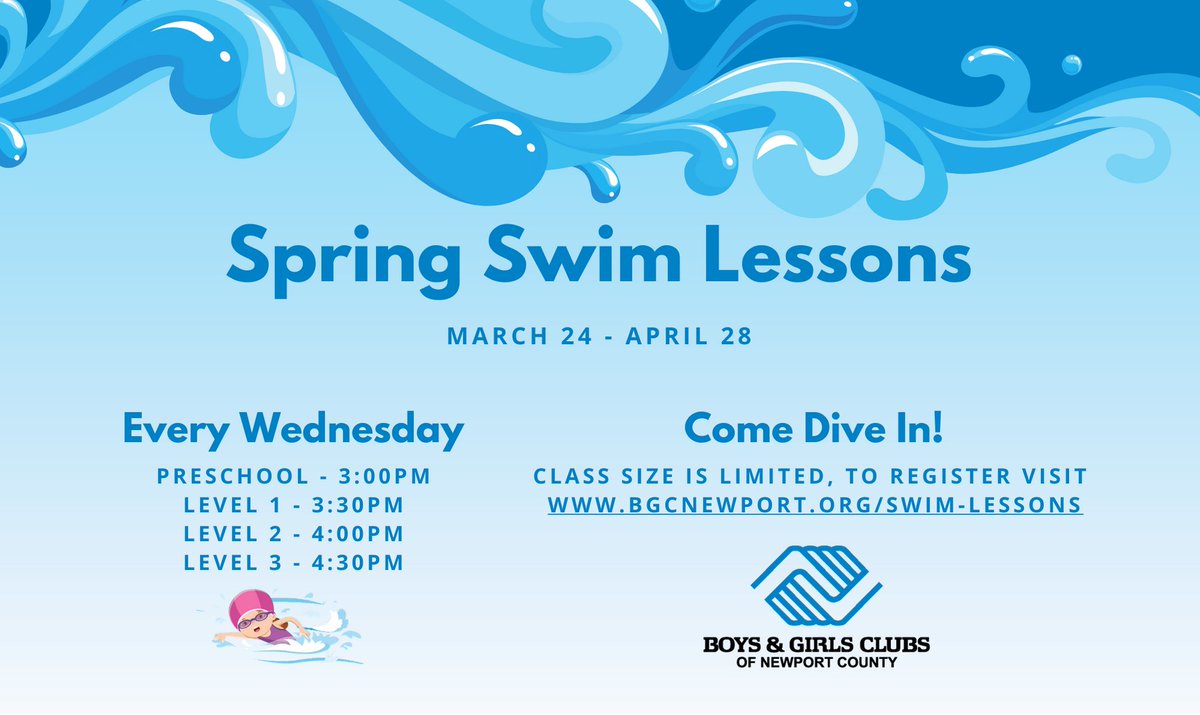 Our Spring Swim Lessons Schedule has arrived! 
Visit bgcnewport.org/sime-lessons for details on each level and to register 🐬 We cant wait to dive in!🏊‍♂️