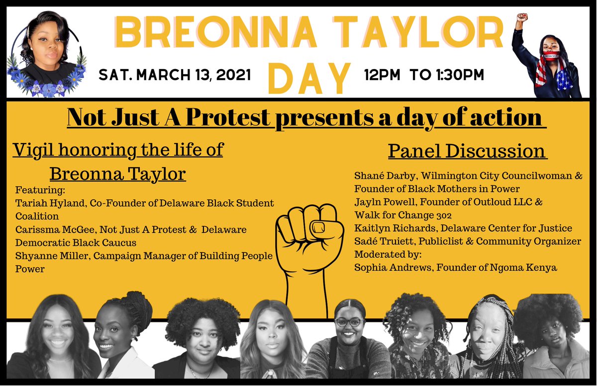 Breonna Taylor Day, Sat, 3/13, 12pm - 1:30pm. Vigil honoring the life of Breonna & panel discussion on police brutality.