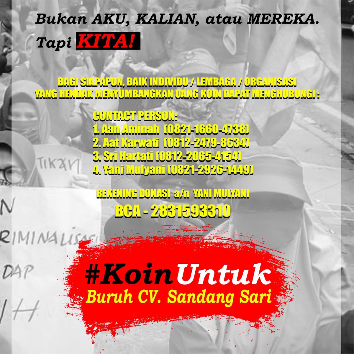 DONASI KOIN PERJUANGAN BURUH CV.SANDANG SARI (BANDUNG)
...
BERGERAK BERSAMA MELAWAN KETIDAKADILAN <a href="/jokowi/">Joko Widodo</a> <a href="/kemnakerRI/">Kementerian Ketenagakerjaan RI</a> <a href="/idafauziah/">Ida Fauziah Isnandar</a> <a href="/ridwankamil/">Ridwan Kamil</a>