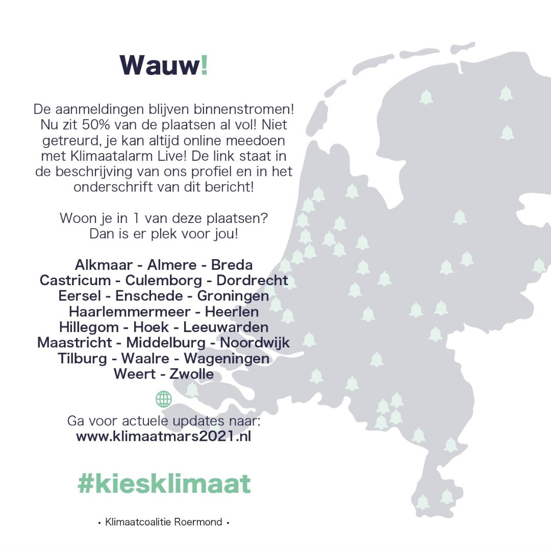 KlimaatalarmRM's tweet image. De aanmeldingen blijven binnenstromen! Nu zit 50% van de plaatsen al vol! Niet getreurd, je kan altijd online meedoen met Klimaatalarm Live! 
youtube.com/watch?v=lwHhdc…
Woon je in 1 van deze plaatsen? Dan is er plek voor jou!
Actuele updates: 
klimaatmars2021.nl
#kiesklimaat