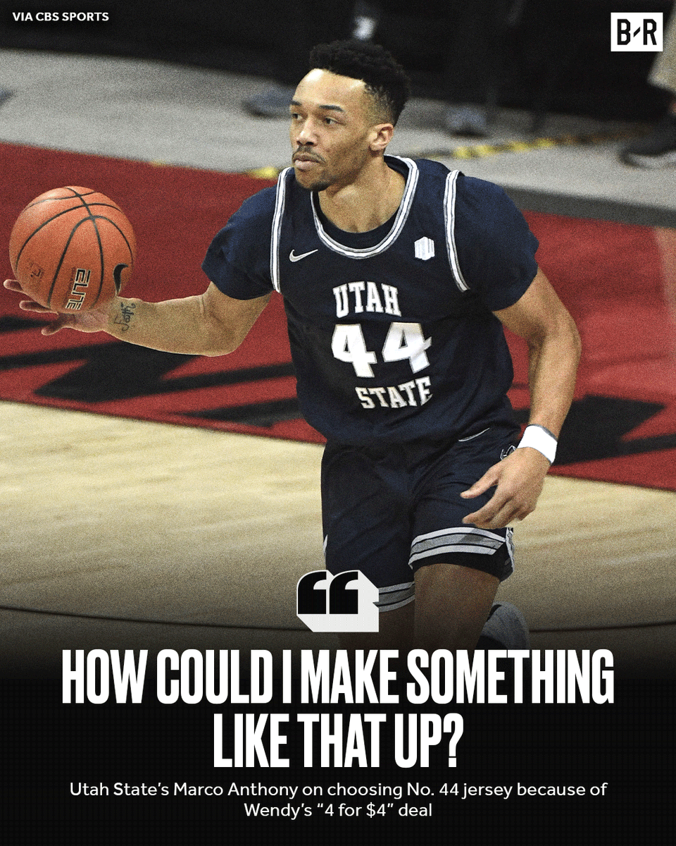 BleacherReport's tweet image. Utah State’s Marco Anthony says he chose the No. 44 jersey because of Wendy’s “4 for $4” deal 😭 @brhoops  (via @CBSSports)