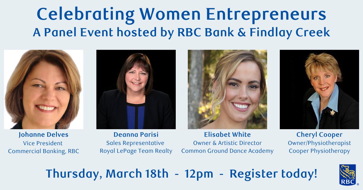 Tune in on March 18th as Bank &amp; Findlay Creek RBC Branch hosts a panel discussion to celebrate the journeys of local women in business including our very own Deanna Parisi, President of OWBA. 
Learn more and register today: 
bit.ly/3cbwNgS