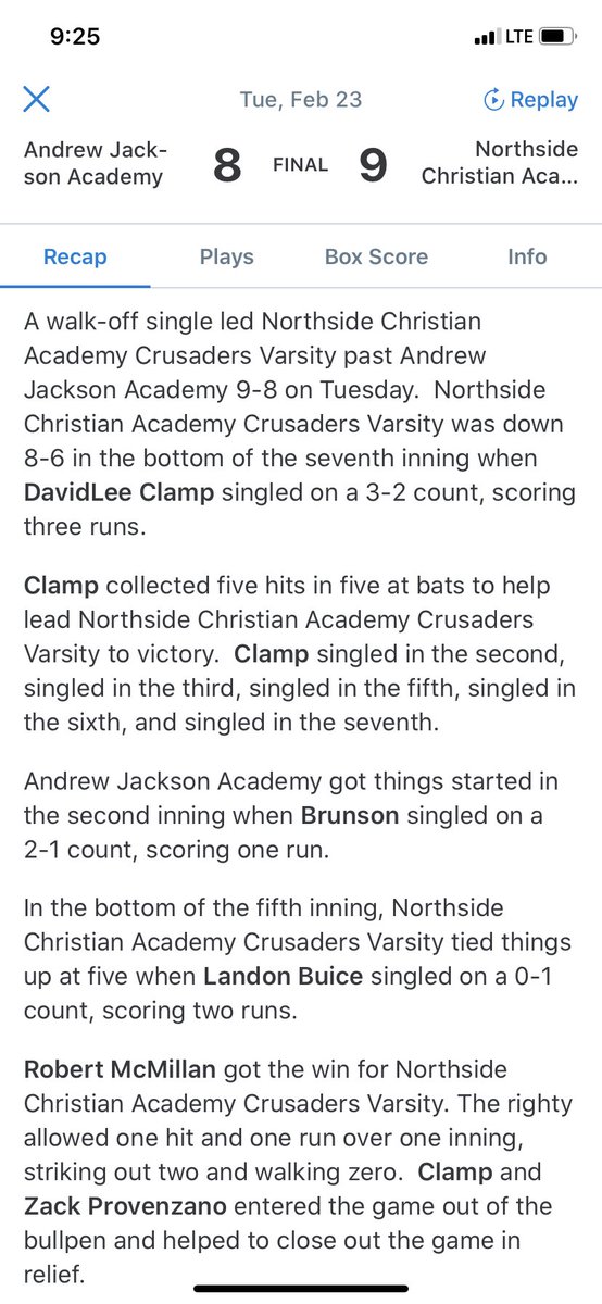 Crusaders Highlights 2/23/2021 vs. Andrew Jackson:

Pitching: <a href="/Clamplife2023/">DavidLee Clamp</a> - 3.2 innings, 0 ER, 2 BB, 8 SO, 1 H 

DavidLee Clamp: 5-5 at the plate  
<a href="/ConnerMikah/">Mikah Conner</a>: 2-5 with 1 HR 
Zack Provenzano: 2-5 

Landon Buice, Conner, and Clamp-  Each with 2 RBIs

NCA: 9 AJA: 8