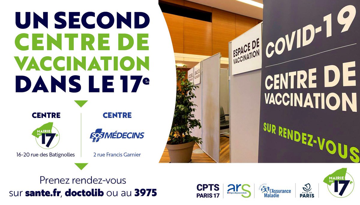 #Vaccination 🆕 Ouverture des prises de rendez-vous pour le 2e centre de vaccination du 17e organisé à la <a href="/Mairie17/">Mairie du 17e</a> et que nous ouvrons lundi sur <a href="/doctolib/">Doctolib</a> ➡️
doctolib.fr/centre-de-vacc…