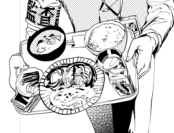 長義のご飯は生姜焼き定食で健康へのささやかな補助として野菜ジュースをつけている 海苔はご自由に取り放題だからめっちゃ取る 首から下げてるIDにメチャ長本名(銘)入ってると思ったら愛しい
