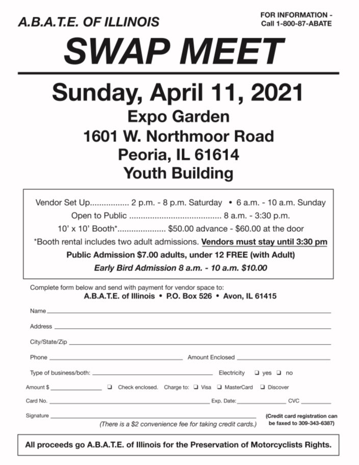 ABATEofIllinois's tweet image. A.B.A.T.E. of Illinois is looking for more vendors for the Swap Meet on April 11. Contact State Activities Coordinator Mark Werries to get signed up. #MotorcycleSwapMeet #ABATEofIllinois🏍
