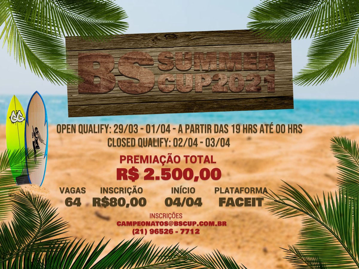 Queria falar nao, mas a Bs Summer Cup ta insana...
Restam poucas vagas...
Alem de visualmente linda, a premiação,  casters,  identidade visual...

Mano do ceu....