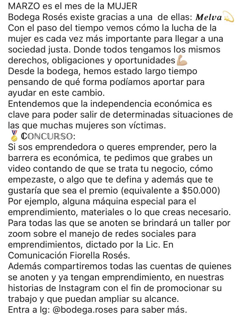 <a href="/BodegaRoses/">Rosés</a> está haciendo un CONCURSO para emprendedoras mujeres 👉con un premio de 50 mil pesos 💵🙌 
Tienen tiempo hasta mañana para hacer el video.
Vamos a compartirlo así llega todo el país, a cada rincón donde exista una mujer emprendedora! Bases 👇
Mi vino 🇺🇾🍷🍇 favorito!