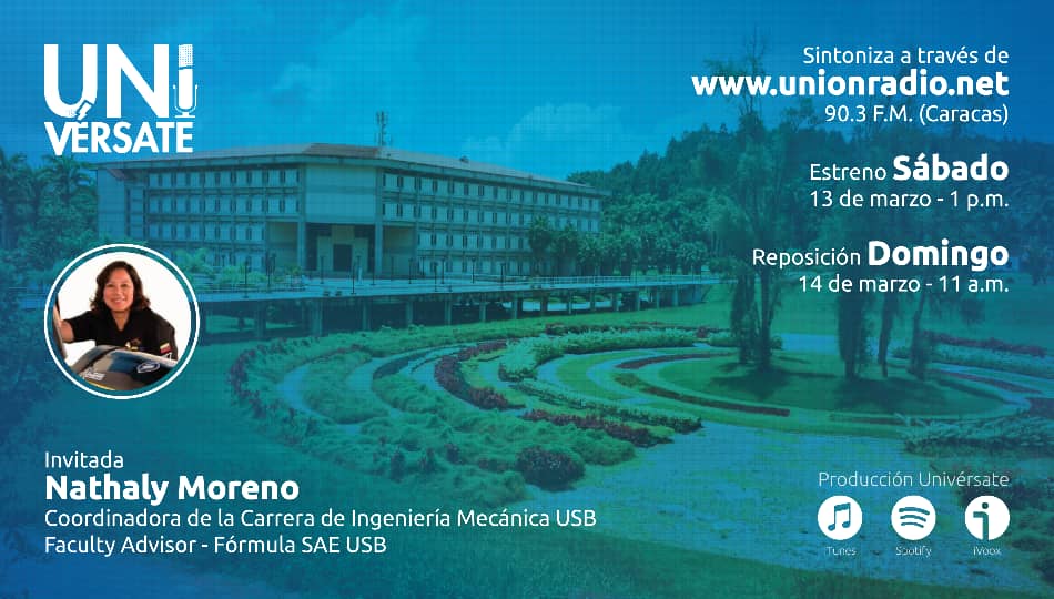 campusb's tweet image. La profesora #USBve Nathaly Moreno, premiada recientemente por la SAE, será entrevistada en @UniversateRadio 

El programa se transmitirá hoy, 1:00 PM, por 90.3 FM (Caracas) y también #EnDirecto por ➡️ unionradio.net/90-3-fm-radio-…

Repetición: domingo 11:00 AM