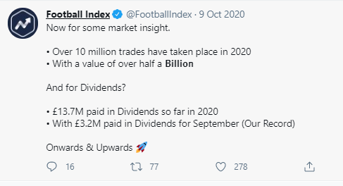 As  #FootballIndex traders, we were often given the picture that 'business was booming' until very recently. Note the rocket emoji and emphasis within this FI market insight tweet on October 9th 2020, as they mentioned paying a record amount of dividends. https://twitter.com/footballindex/status/1314625096800235522