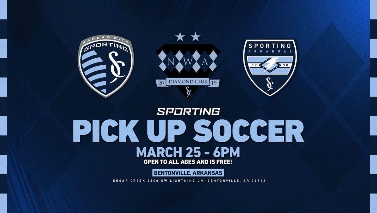 Hey NWA! Once the <a href="/sportingkcyouth/">Sporting KC Youth Soccer</a> Spring Break Camp ends, come out to The Creek and join other <a href="/SportingKC/">Sporting Kansas City</a> fans and the camp coaches from SKC for some FREE PICKUP SOCCER!! No strings. Come join the party!