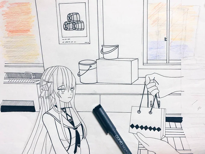 伏目がちの表情を描きたかったけど何となく上手くいかなかったので没にしたイラスト。アナログ好きなんですがこうなると全部描き直しになるのは辛い所ですね。
モノクロにしようか、赤く染まる頬だけとか部分的に色をつけようか、飾ってある絵はちょっと遊びたい、窓にドアを映すか、夕焼けの表現難し 