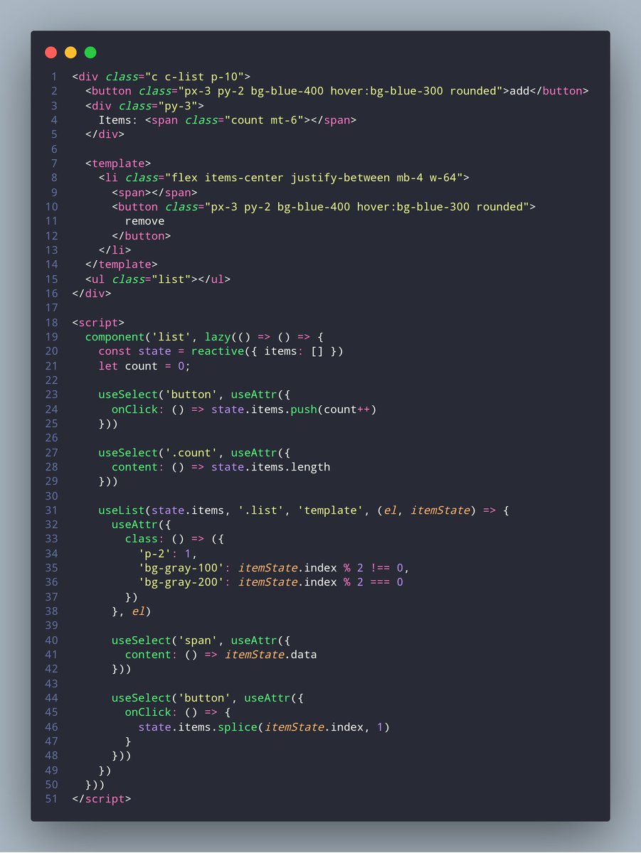 Katja Lutz 🦋 (@katy_wings) on Twitter photo Here you can see the code of the list component shown in the video. Its basically jquery 😂 but reworked around the component-philosophy.
In the background it uses <a href="/vuejs/">Vue</a> reactivity and <a href="/redomjs/">RE:DOM</a> lists 🤓 Here you can see the code of the list component shown in the video. Its basically jquery 😂 but reworked around the component-philosophy.
In the background it uses <a href="/vuejs/">Vue</a> reactivity and <a href="/redomjs/">RE:DOM</a> lists 🤓