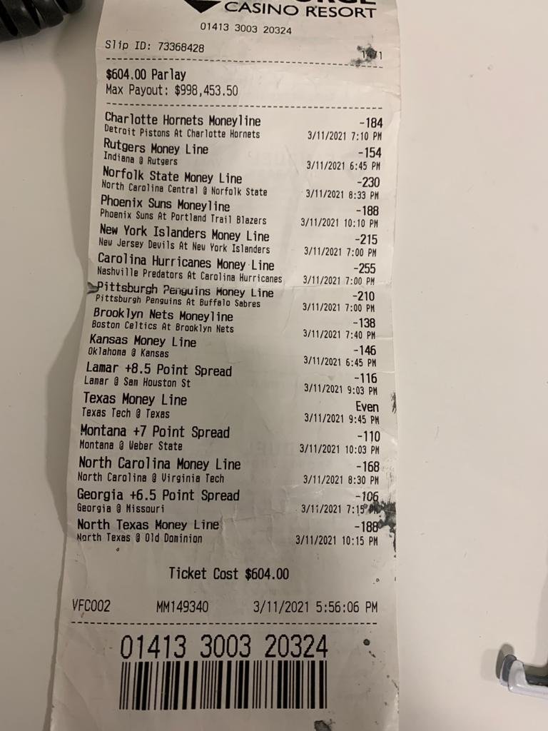 FDSportsbook's tweet photo. One of the craziest parlays you will EVER see...

A customer at @VFCasinoResort wagered $604 on a 15-team multi-sport parlay Thursday night and hit every leg for a MASSIVE payout of $998,453.52 🤯 https://t.co/gN8k3fUOfo