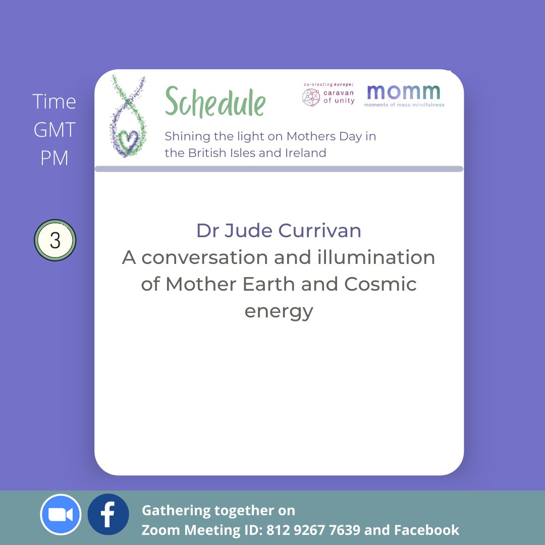 14th March 2021 - 9 am to 8 pm GMT 

Meet Dr Jude Currivan at 3pm for a conversation and illumination of Mother Earth and Cosmic energy

#momm #mindfulness #meditation #mothersday #global 

Join via Zoom or Facebook 
linktr.ee/mommworld