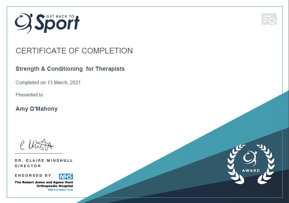 OMahony_Amy's tweet photo. Really enjoyable and informative course from @Claire_Minshull! A fantastic new insight and refresher of the principles of strength training. Will be repeating to follow along with the Facebook live sessions coming up soon💪 #cantgowronggettingstrong #getbacktosport https://t.co/HHxl0vqXTl