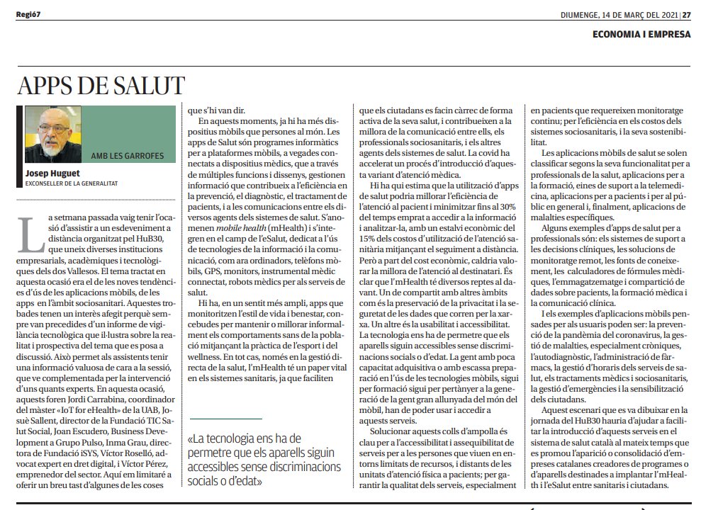 Josep_Huguet's tweet photo. L'article a @diariRegio7 d'avui. Les tendències de les APPs de salut segons @Hub_b30 #AppsSalut #mHealth #VigilànciaTecnològica https://t.co/b8F7mnq6xC