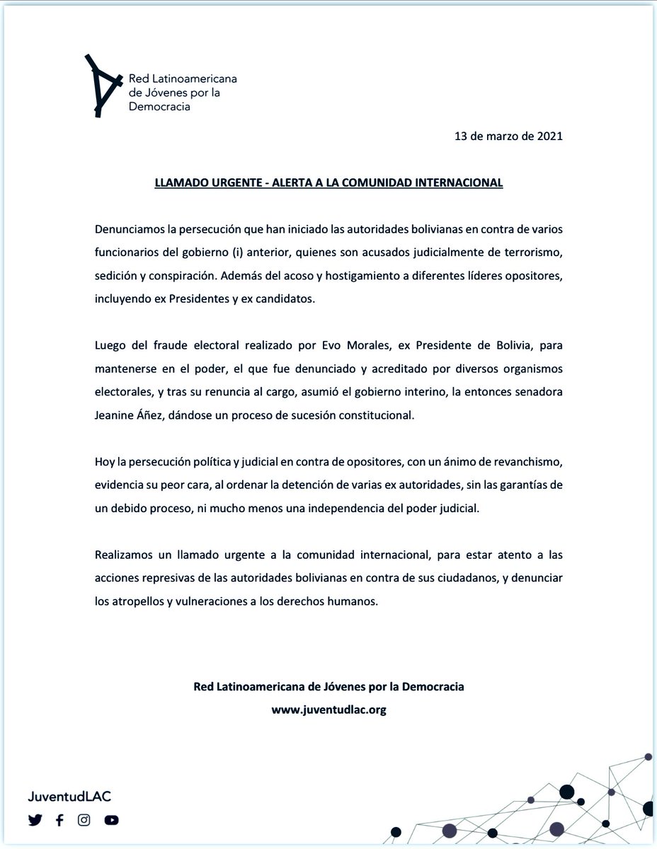 URGENTE - Alertamos a la comunidad internacional frente a la persecución que han iniciado las autoridades bolivianas en contra de ex funcionarios y líderes opositores