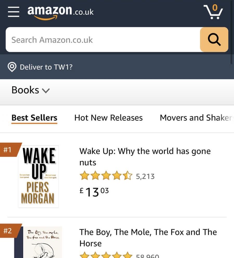 piersmorgan's tweet image. BOOM! Wake Up is now Britain’s No1 best-selling book. Amazing. 
Free speech matters. 
Very touched to see you many people support me. THANK you. 👊