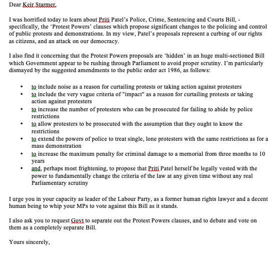 Mandoline_Blue's tweet photo. Dear tweeps, PLEASE email Keir Starmer to ask him to whip AGAINST Patel's draconian Policing Bill in its current form. 

Email: keir.starmer.mp@parliament.uk

Here's a letter written by a friend, which I've added to. Feel free to use it as a template if you'd like. x https://t.co/cySFfRKrxy