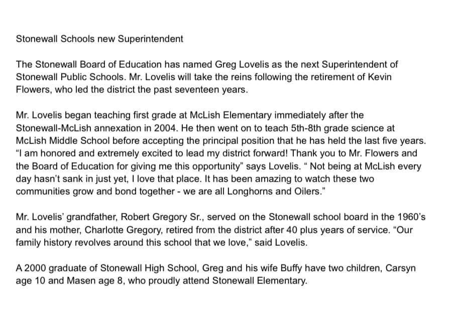 ECU Alumnus Greg Lovelis has been named as the next Superintendent of Stonewall Public School. Congratulations Greg!