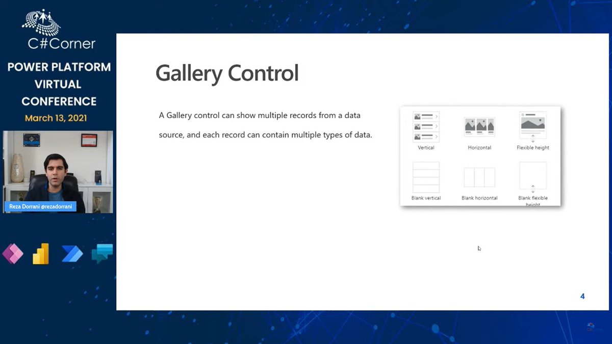 CSharpDotTV's tweet image. Final session of day 5, Welcome @rezadorrani, who is talking about Power Apps Galleries!

Catch him live here&amp;gt;&amp;gt; c-sharpcorner.com/live/

@CsharpCorner #CsharpcornerLive #PowerPlatform #PowerApps #PowerBI