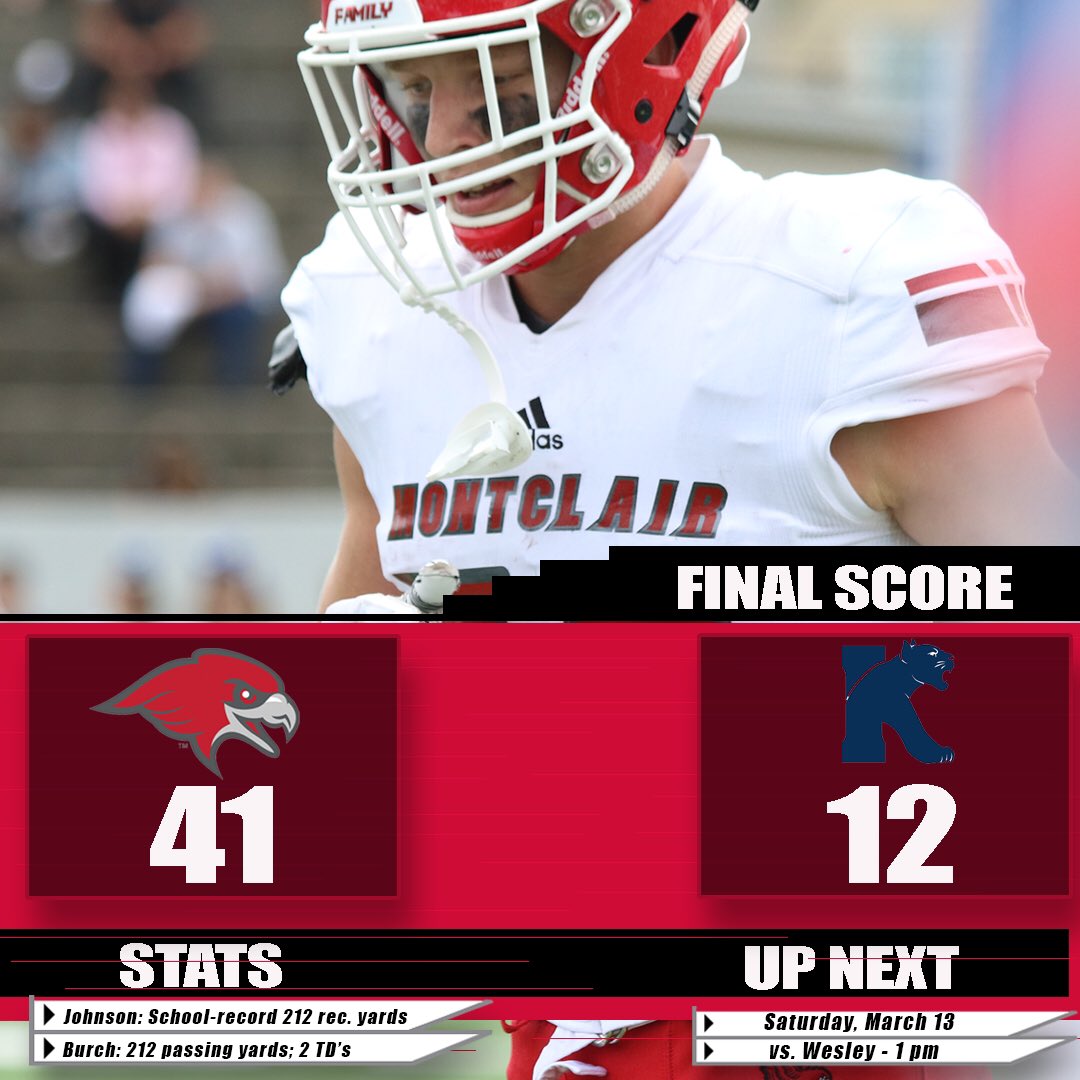 msuredhawks's tweet photo. Carsen Johnson set new school records in receiving yards and yards per catch as @Montclair_FB downed Kean 42-12 in @NJACSports action! #redhawk4life @montclairstateu @d3football @D3FBHuddle https://t.co/WWnU0lGJje