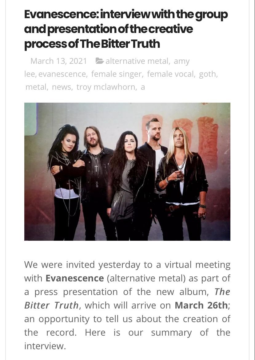 EvaWebsite's tweet photo. βΆοΈ NEW
β@Evanescence: interview with the group and presentation of the creative process of The Bitter Truthβ
To read the translated @loudernowfr report of yesterdayβs press conference πππ
#Evanescence #TheBitterTruth #TheBitterTruthEv #TBT #NewAlbum #AmyLee #TroyMcLawhorn https://t.co/1uR52rhlP0