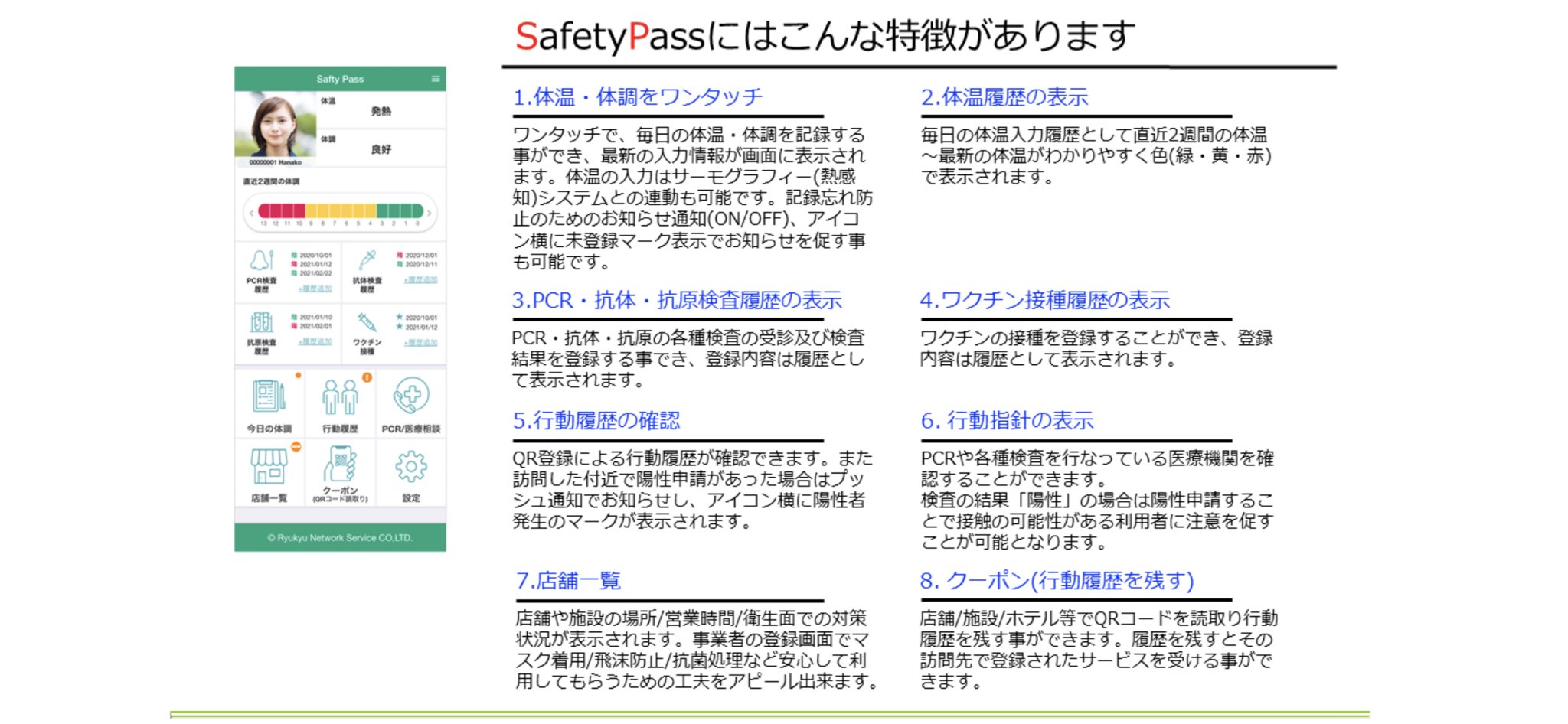 上原啓司 Keishi Uehara 琉球ネットワークサービスが開発したsafety Pass感染対策として個人が日常的に健康管理を行い過去2週間の体調を色で表示し相手に提示する事が可能またpcr検査などウイルス検査履歴 ワクチン接種履歴 行動履歴など 安心と安全を