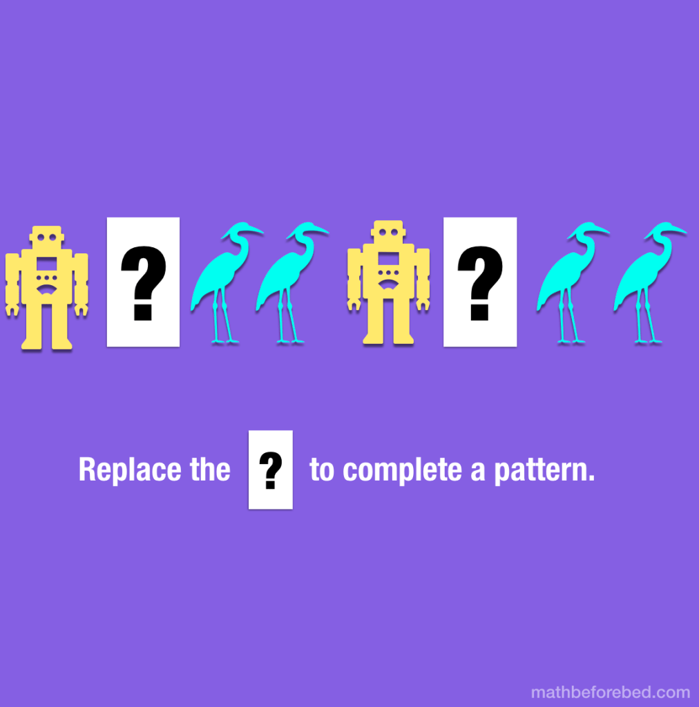 What do you notice?
What could we draw in the ? to make a pattern?
mathbeforebed.com/2018/05/25/1-p…