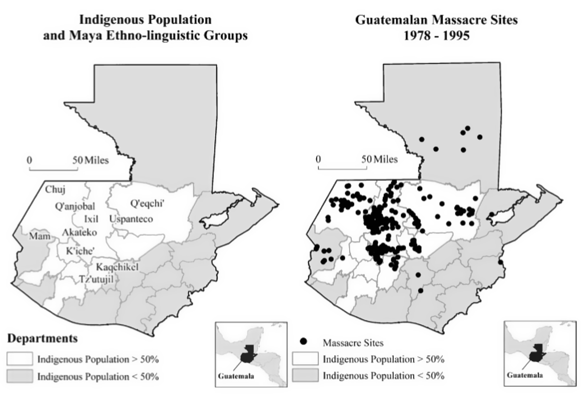 decolonialatlas's tweet photo. Yesterday's map of people killed by police in the US, showing the violence concentrated in BIPOC neighborhoods, calls to mind the Guatemalan genocide in which 100s of Indigenous Maya civilians were executed by the US-backed government. There were 626 massacres between 1975-1986. https://t.co/Gs6G31kA85