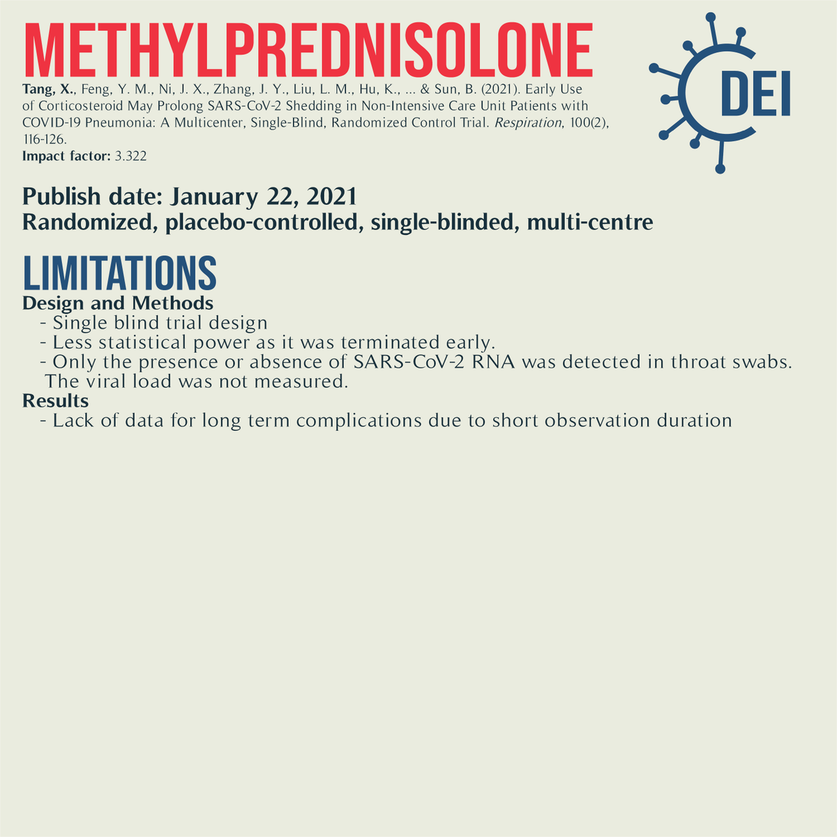 Covid19_DEI's tweet image. Our PICO, appraisal, and limitations for this trial looking at #methylprednisolone vs. placebo for #COVID19 treatment.

#RCT #MedTwitter #TwitteRx #clinicatrial #NurseTwitter #IDtwitter #pharmacyschool #pharmacystudent #medschool #evidencebasedmedicine #CovidRx