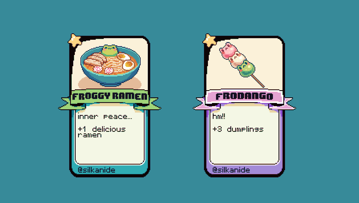 silkanide's tweet photo. food themed cards. play #frogpon here: https://t.co/dgnahID4St
#pixelart #ドット絵 #frogs https://t.co/HjA1Zl2FmM