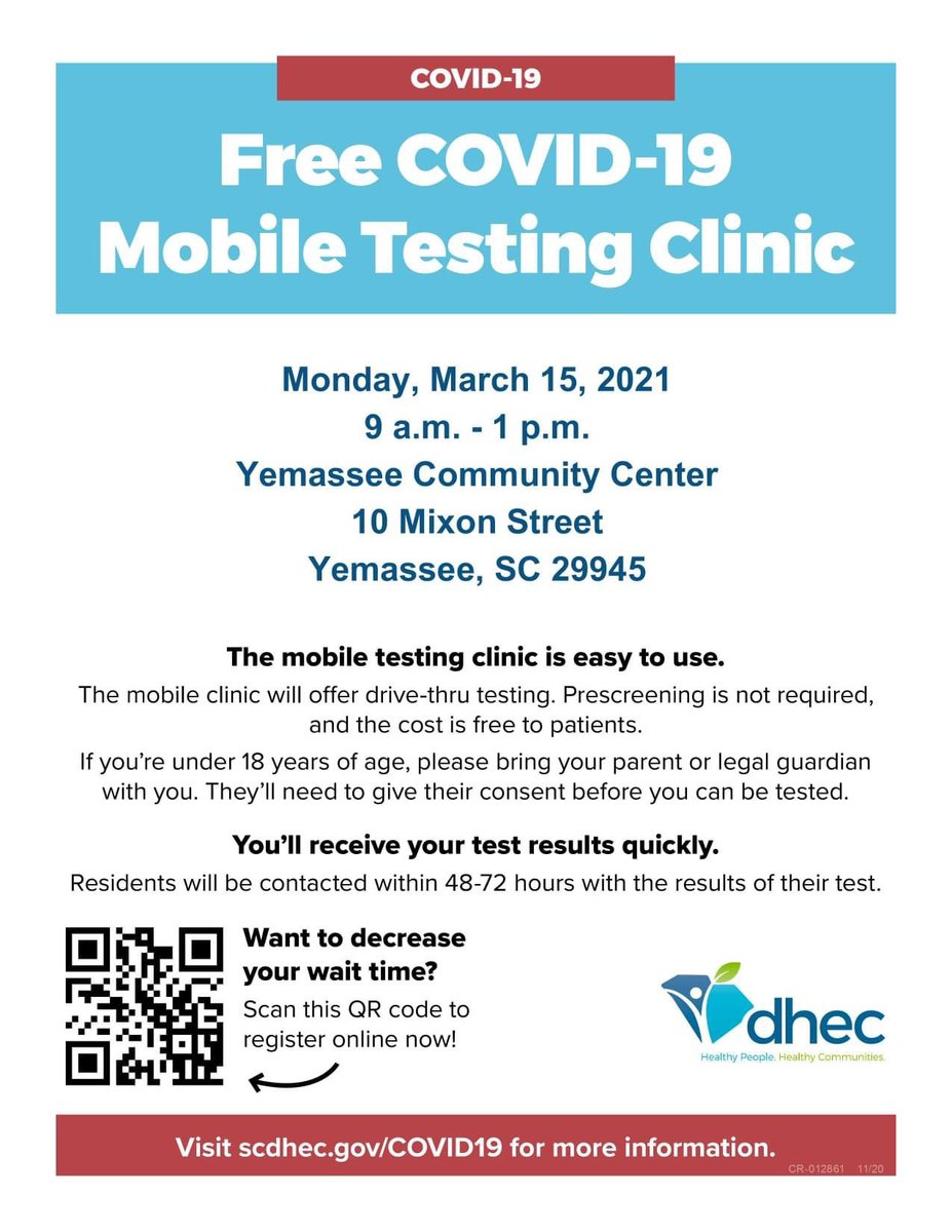 TownOfYemassee's tweet photo. FREE #COVID19 testing every Monday in March at the Yemassee Community Center from 9:00 AM - 1:00 PM. Anyone may be tested regardless of if you have symptoms. #GetTested and #SlowTheSpreadSC @scdhec @CDCgov https://t.co/CIAGEgRrTT