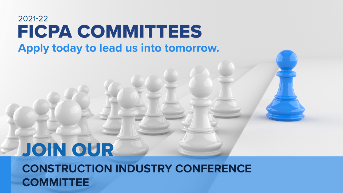FICPA Committees are a great way to learn new skills and take a leading role in our profession. We're looking for members to organize our annual Construction Industry Conference. Click the link to learn about all our committees and sign up by April 23: bit.ly/3cvO0Sm