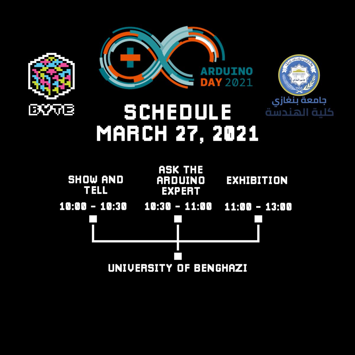 BYTE_NGO's tweet image. اليوم العالمي للأردوينو
"Arduino Day 2021"
كالعادة في كل سنة تحيي وتنظم BYTE Organization (منظمة شباب بنغازي للتكنولوجيا وريادة الأعمال)، بالشراكة مع جامعة بنغازي كلية الهندسة قسم الهندسة الكهربائية والالكترونية حدث اليوم العالمي للأردوينو 2021 .
#ArduinoD21
#ArduinoDay2021