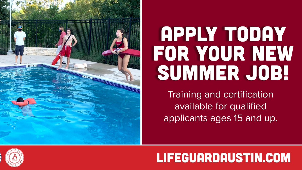 AustinCityParks's tweet photo. Lifeguard applications now being accepted - training and certification offered for qualified applicants ages 15 and up. Enjoy flexible hours, learn life-saving skills, work outside, and earn $15/hour. APPLY ONLINE🔎 https://t.co/gUKo9jsYBN

#LifeguardAustin #SwimATX #ATXjobs https://t.co/tiuCbhlD2j