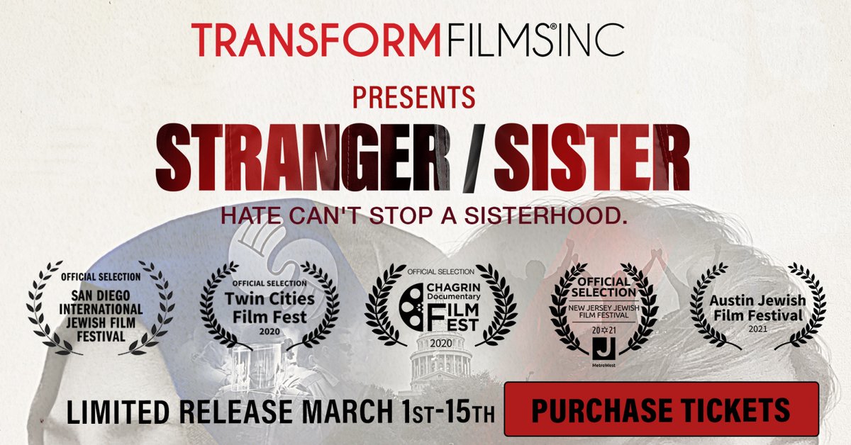 Transform_Films's tweet photo. Itโs the story of two ordinary women, one Muslim and one Jewish, who dare to believe they can join hands to stop the wave of hate. #StrangerSister is available to watch until March 15. Tickets: https://t.co/s9O1TvTLAX #WomensHistoryMonth @sosspeace https://t.co/NEf5S7d9VO