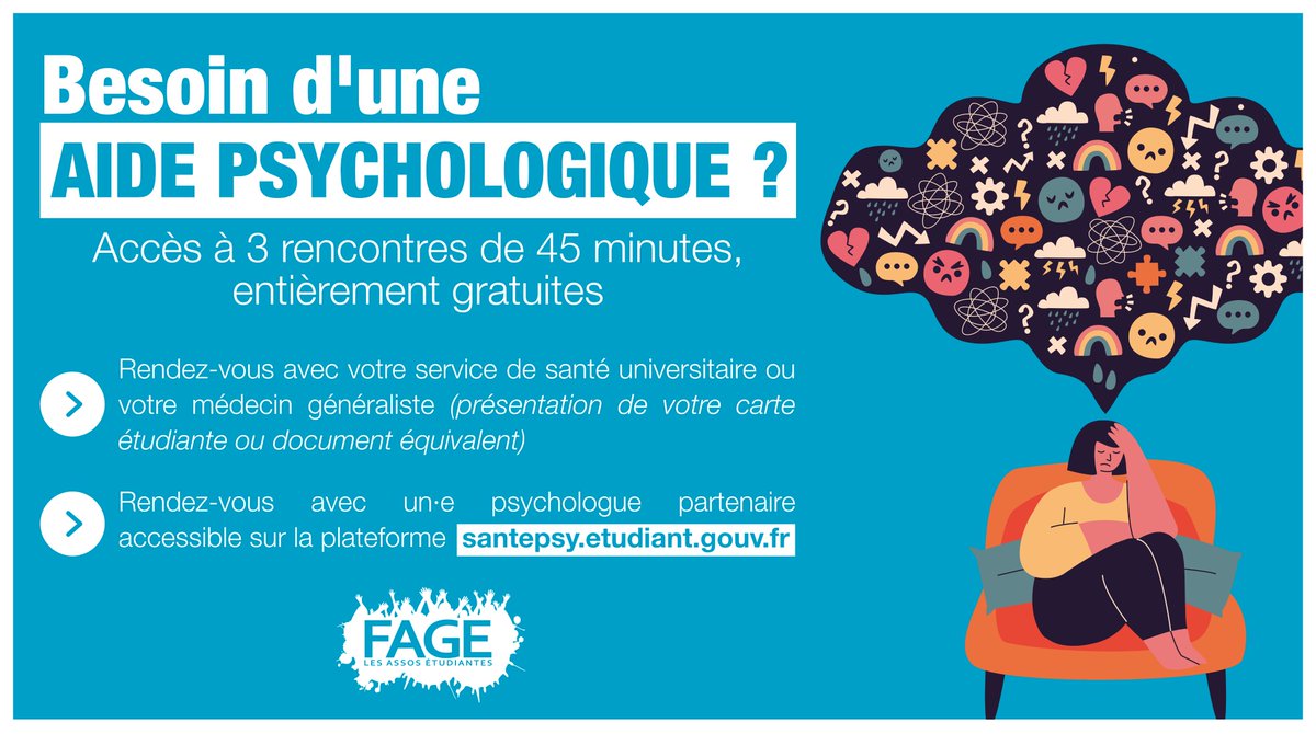 #SanteMentale | Envie de te confier, d’échanger avec quelqu’un ?

<a href="/sup_recherche/">Ministère Enseignement supérieur/Recherche/Espace</a> a lancé santepsy.etudiant.gouv.fr afin que chaque étudiant·e puisse, gratuitement, être accompagné·e psychologiquement 🗣

Besoin d'aide❓ La #FAGE t'accompagne !
➡️ mesdroits@fage.org