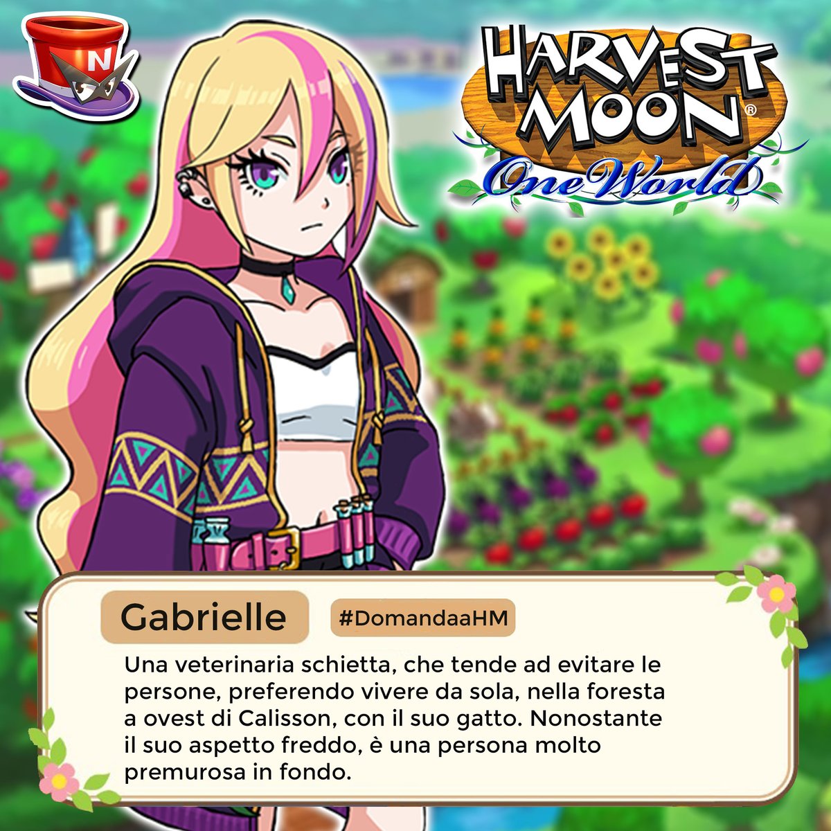 nintubers's tweet photo. #DomandaaHM: #Gabrielle
"#HarvestMoonOneWorld" è il nuovo capitolo della serie omonima, uscito su #NintendoSwitch il 5 Marzo!
Fate una domanda, qua sotto nei commenti, per conoscere il #personaggio di oggi, #Gabrielle.
Cosa chiedereste a #Gabrielle, #veterinaria solitaria? https://t.co/Ji57dFKssA