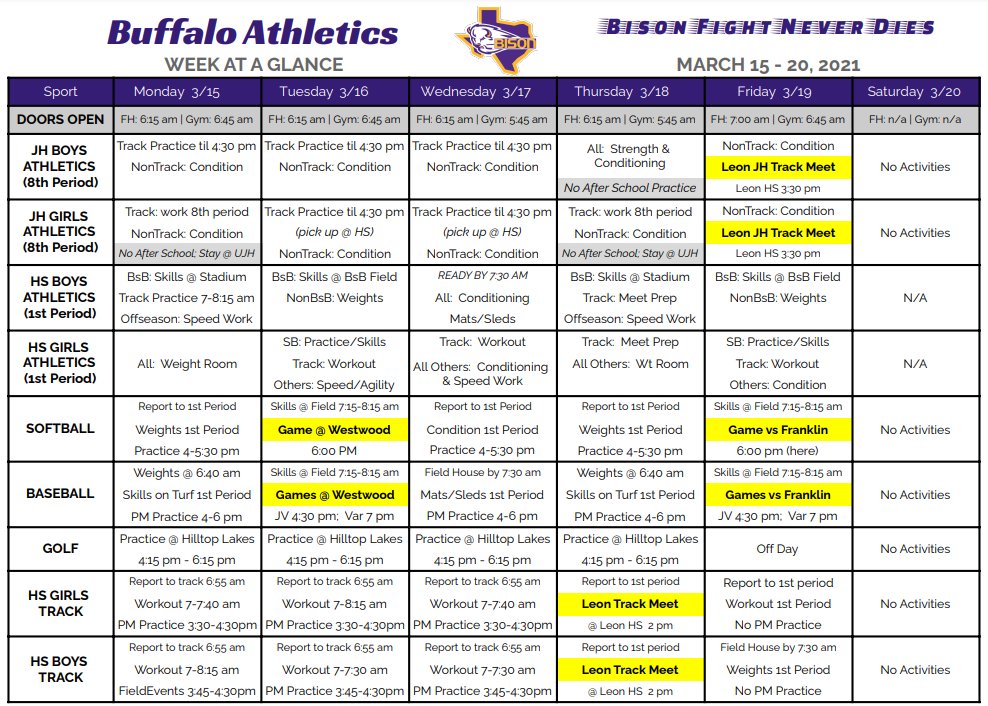 Week at a Glance for March 15-20:
Tuesday - 🥎 &amp; ⚾ at Westwood
Thursday - HS 🏃‍♀️🏃 at Leon Track Meet
Friday - 🥎 &amp; ⚾ host Franklin and JH 🏃‍♀️🏃 at Leon JH Track Meet
Bison Fight Never Dies! #BFND