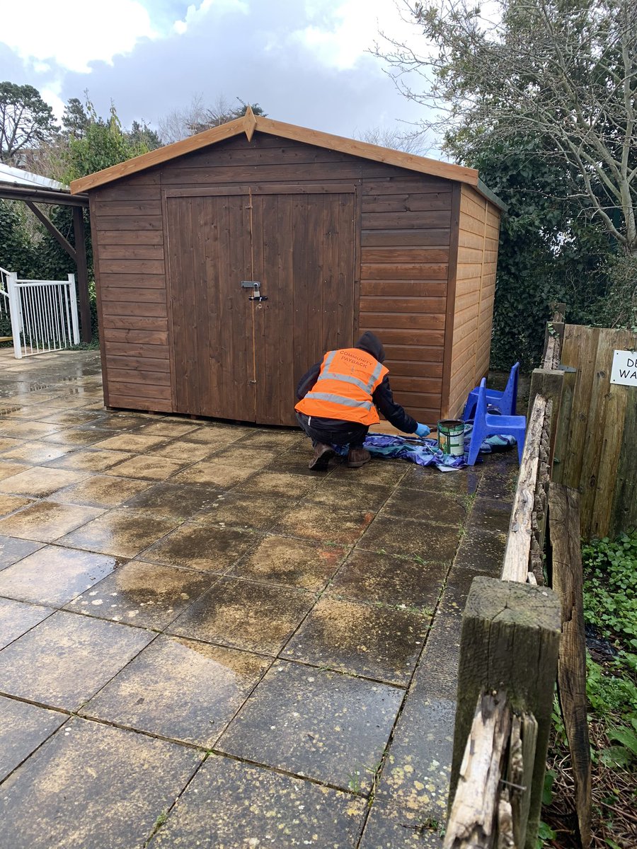 #CommunityPayback busy today at St Michael’s School, #Minehead, painting shed, dismantling wooden casing for water pump, strimming, tidying up children’s play area. Great teamwork from service users. PE