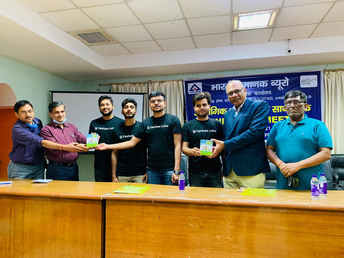 TechaxLabs's tweet image. Presenting our product with Satish Kumar Gupta (Sc. F &amp;amp; DDGE, ERO, Kolkata), Suman Kumar Gupta (Sc. ‘E’ &amp;amp; Head, BIS Patna), A. K. Purohit (Sc. ‘E’ &amp;amp; Head Kolkata) and Vice President BIA Patna

#techaxlabs #alphabet_jingles #bia #bis