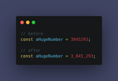 therealnrf's tweet photo. One of my favorite features in the upcoming ES12 (ECMAScript 2021) is the numeric separator.. No more squinting and counting #javascript #ES12 https://t.co/ahvBdW8haR